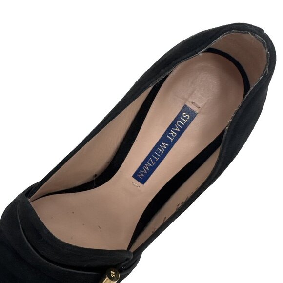 Stuart Weitzman Women The Preston Cylinder Pump Loafer Size 6 M black Suede Heel - Picture 11 of 16